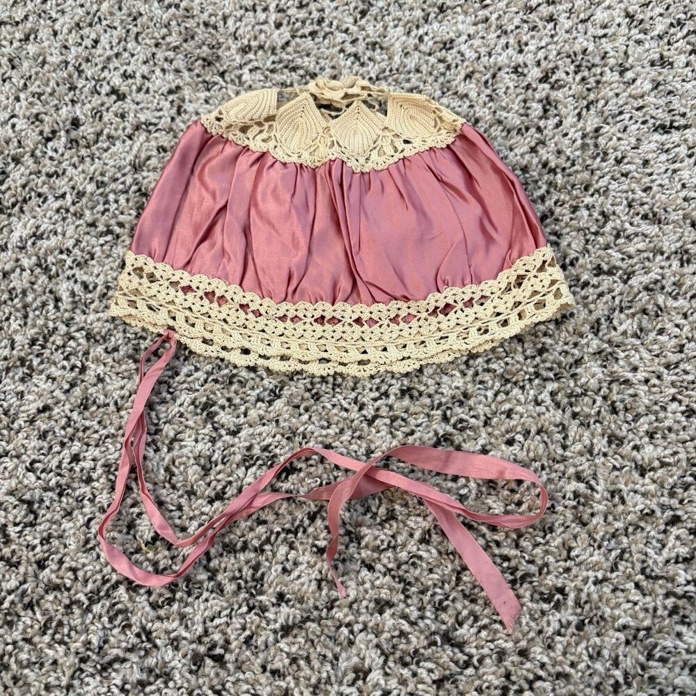 1920s Vintage Antique Baby Bonnet Cap Hand Made Crochet Pink